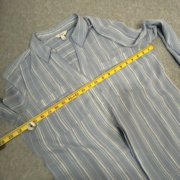 CANDIES Blue White Stripe Blouse Womens Large V Neck Roll Tab Lightweight Top - Picture 6 of 8
